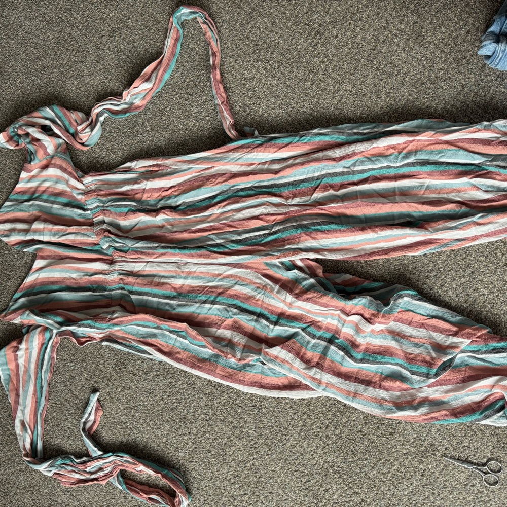 Striped Jumpsuit in Pink, Blue, and White.  Loft. Guc.